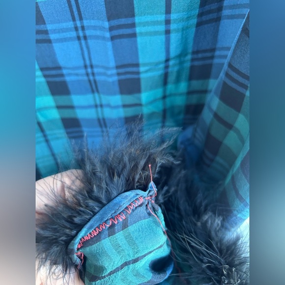 Madewell Plaid Silk Dress Sz 6 Christmas Holiday Party Blue Green Feather Hem - Picture 4 of 7